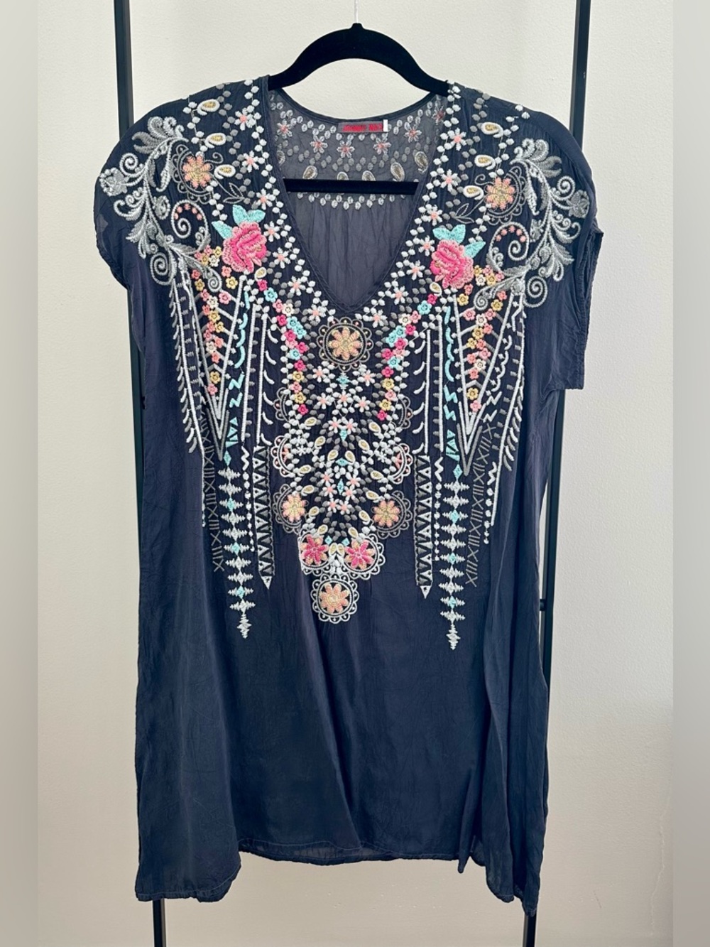 Johnny Was Black Embroidered V-Neck Tunic with Multicolor Floral Accents